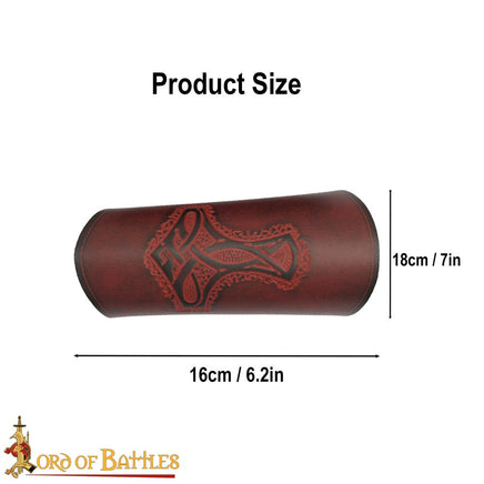 Viking Hammer of Thor Mjölnir leather Bracers in red leather