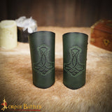 Viking Hammer of Thor leather Bracers in green leather