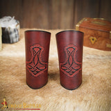 Viking Hammer of Thor leather Bracers in red leather
