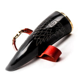 Viking Raven Drinking horn with hammer of Thor and red leather belt holder