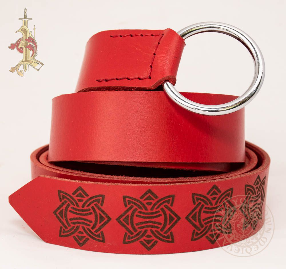 Viking LARP Ring Belt in Red leather With Knotwork Design