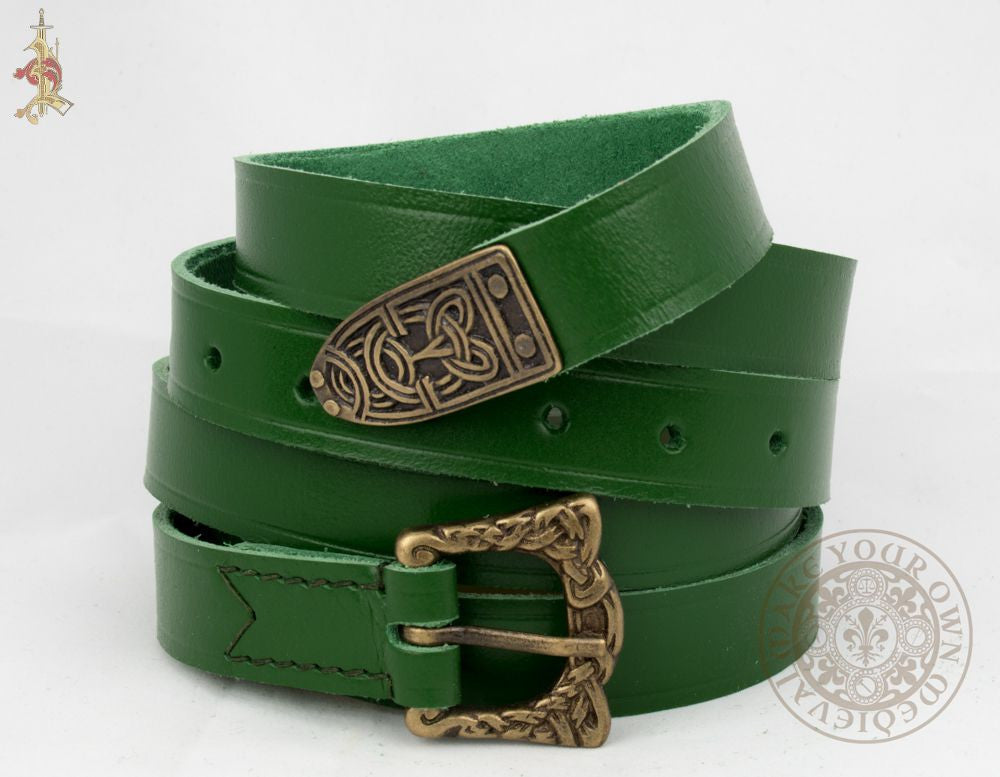 Viking belt in veg tan green leather reproduction from Birka historical find for reenactment and sca clothing