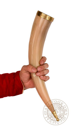 Viking drinking horn with wild boar carving and brass cap and end