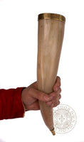 Viking drinking horn with boar carving and decorative brass trim