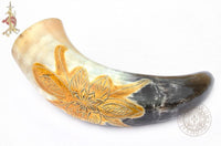 Viking drinking horn with carved flower design for shield maiden