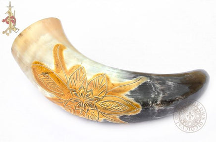 Viking drinking horn with carved flower design for shield maiden