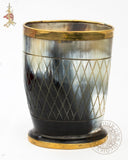 Viking horn cup with decorative brass and engraving