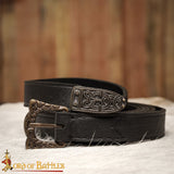Viking belt made from black leather with brass buckle and strapend