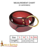 Viking brass ring belt made from dark red maroon leather