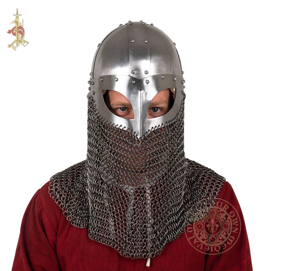 Viking combat reenactment helmet with chainmail face protection