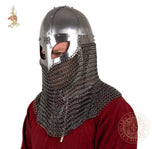 Viking combat reenactment helmet with mail face protection