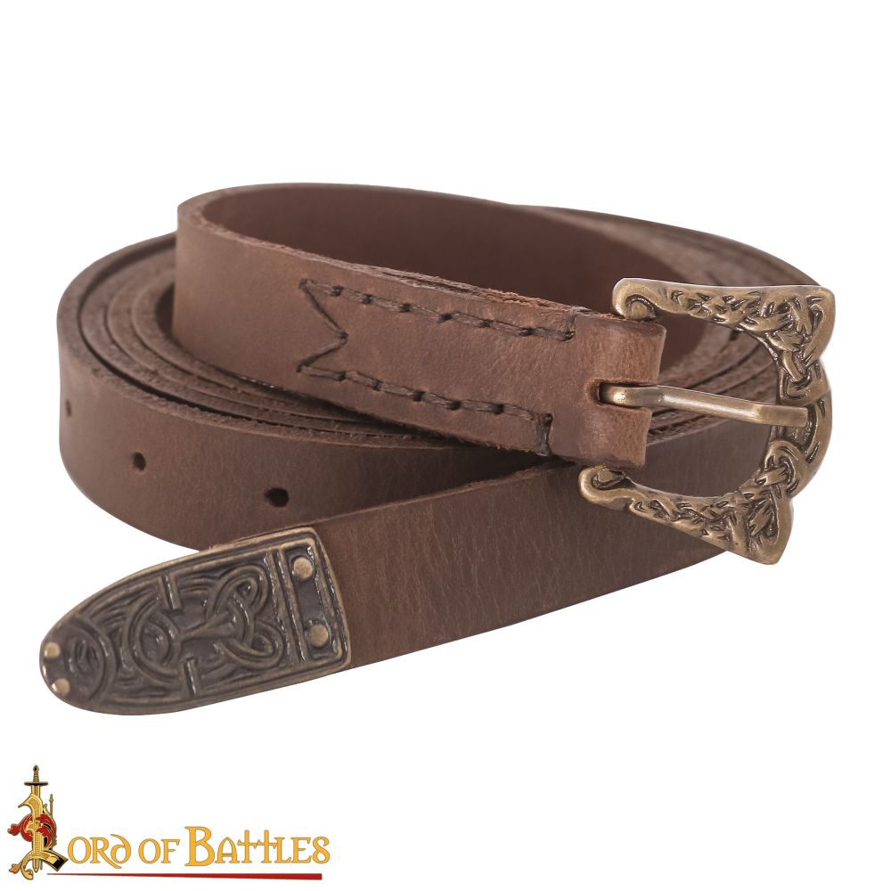 Viking Belt with Knotwork Buckle and Strapend in Crunch Brown Veg Tan leather