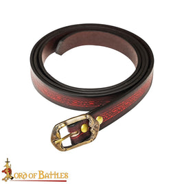 Viking red leather belt with Celtic design strap