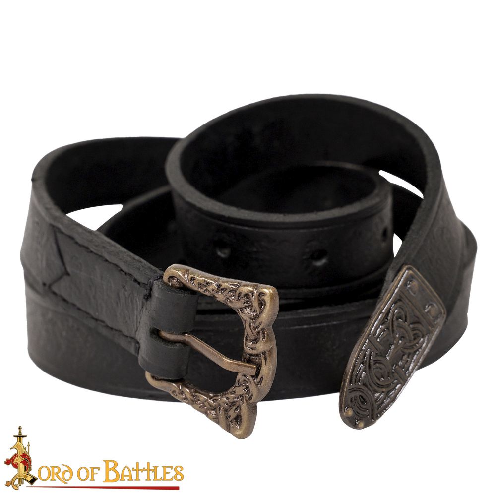 Viking Belt with Knotwork Buckle and Strapend in Black Veg Tan leather