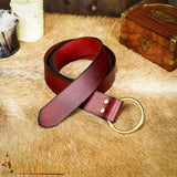 brass ring belt made from dark red maroon leather