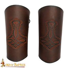 brown Hammer of Thor Mjölnir leather Bracers