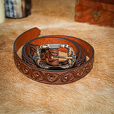 brown leather Belt with decorative pattern stamped onto belt strap