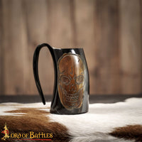 engraved pirate themed ale drinking mug made from cow horn