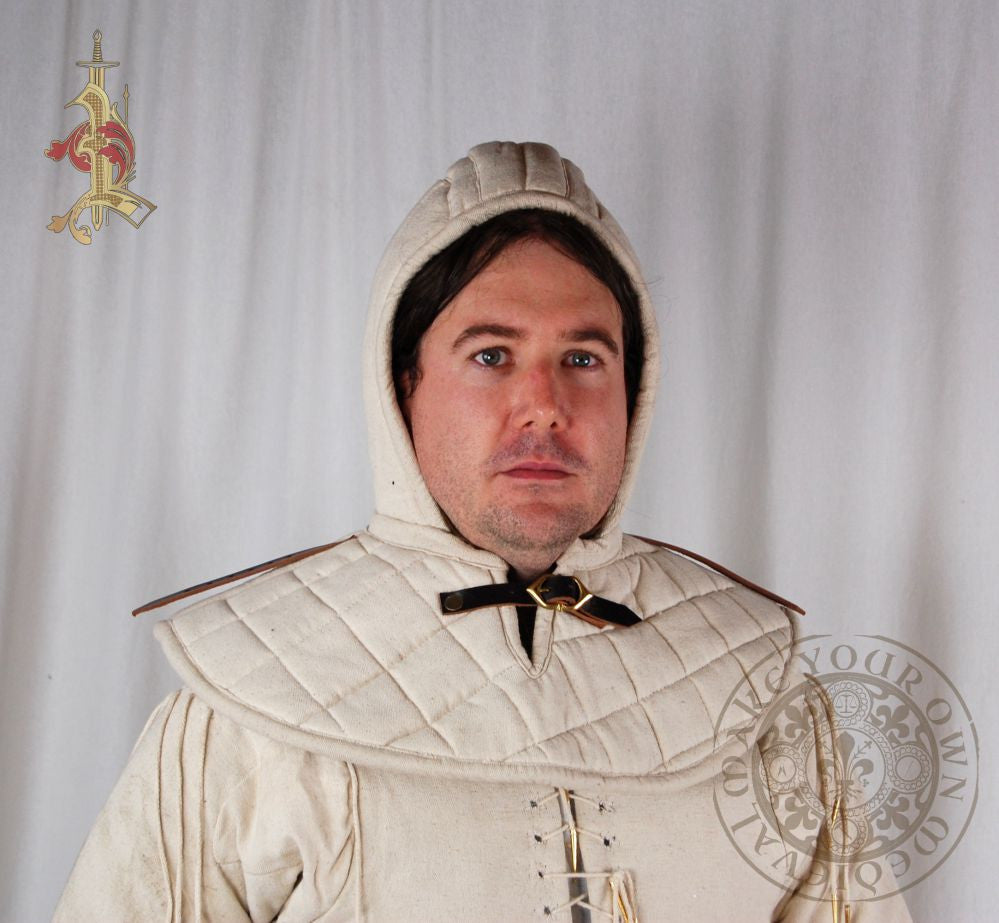 Padded Arming Hood with Collar and Cap - White, Black and Red