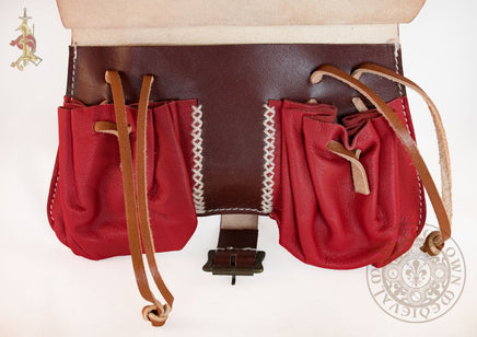 medieval bag or pouch with pockets reproduction made from leather in red and brown