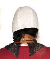 medieval chain mail collar with brown leather dagged lining and brass buckles