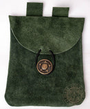 medieval leather bag in green suede leather with leather tie