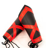 red and black cross leather LARP bracers