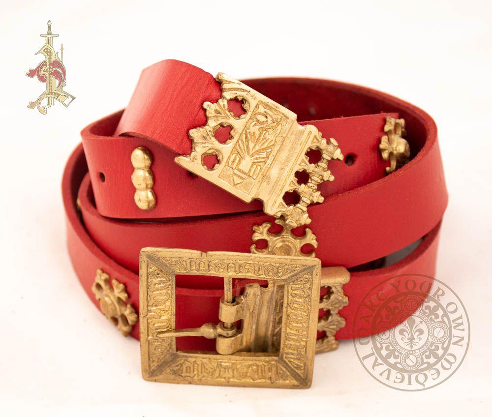 red leather medieval belt with 15th century brass mounts, buckle and strapend