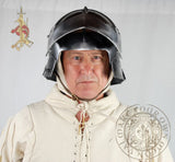 reenactment sallet with open visor safety pin