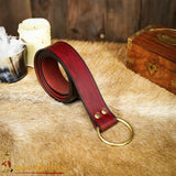 ring belt with brass ring made from dark red maroon leather