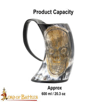 tankard with laughing skull design ale drinking mug made from cow horn