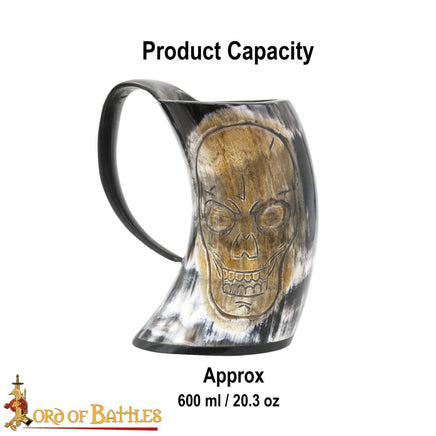 tankard with laughing skull design ale drinking mug made from cow horn