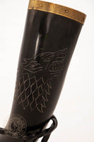 wolf drinking horn with brass trim and end
