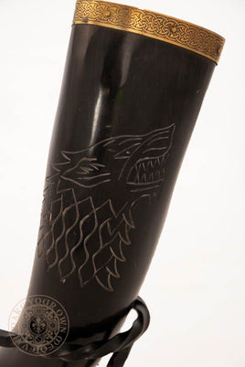 wolf drinking horn with brass trim and end